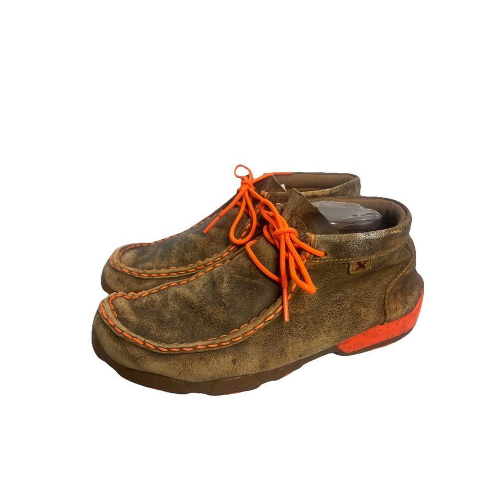 Twisted X Men's Neon Orange Brown Leather Bomber Driving Moc MDM0019 Size 6M